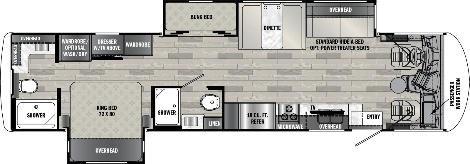 The 36F5 has two slideouts and one entry. Interior layout front to back: front cockpit with passenger work station, off-door side slideout with standard hide-a-bed sofa (optional power theater seats), overhead cabinet, dinette, and bunk bed; door side entry, overhead cabinet with TV and microwave, kitchen counter with sink and cooktop, and refrigerator; door side full bathroom with linen closet; bedroom with door side king bed slideout with overhead cabinet and off-door side dresser with TV above, and wardrobes on each side with optional washer/dryer prep; rear full bathroom with overhead cabinets.